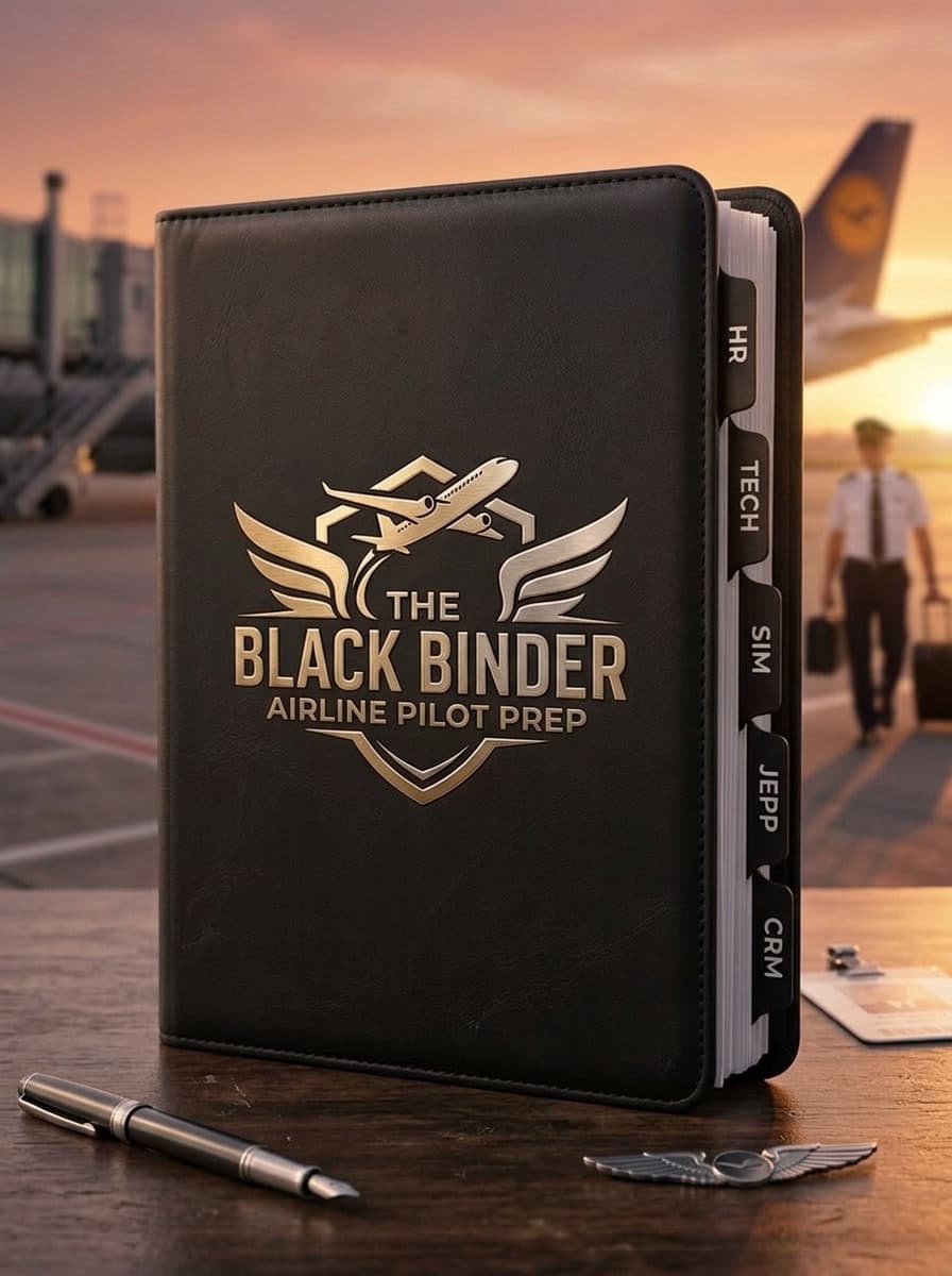 The Black Binder airline pilot prep binder on an airport desk.