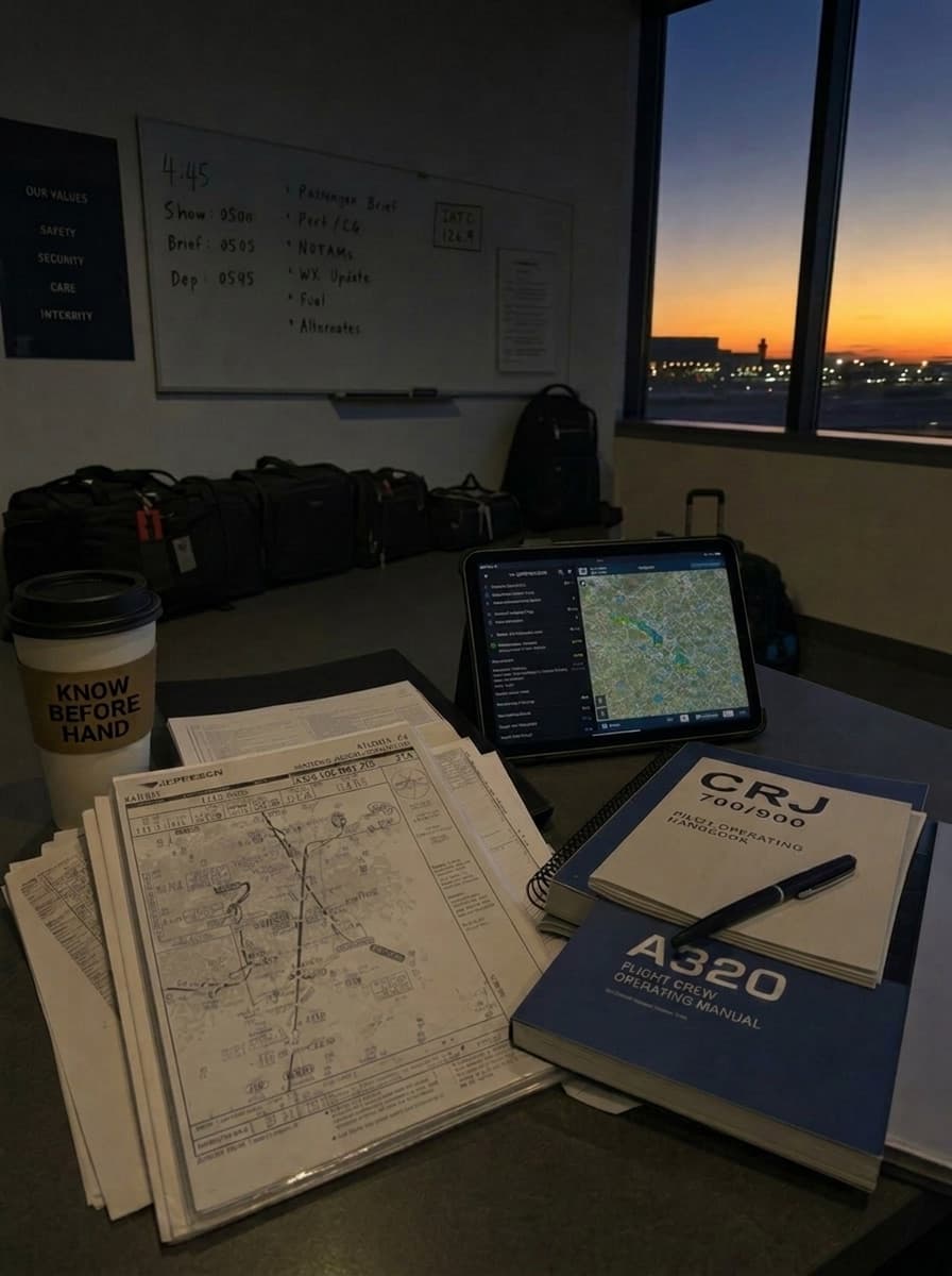 Pilot interview prep desk with charts, notes, and a tablet before dawn.