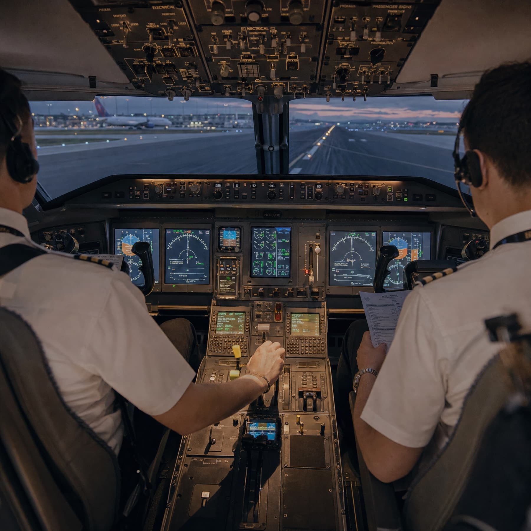Cockpit crew preparing at the runway before departure.