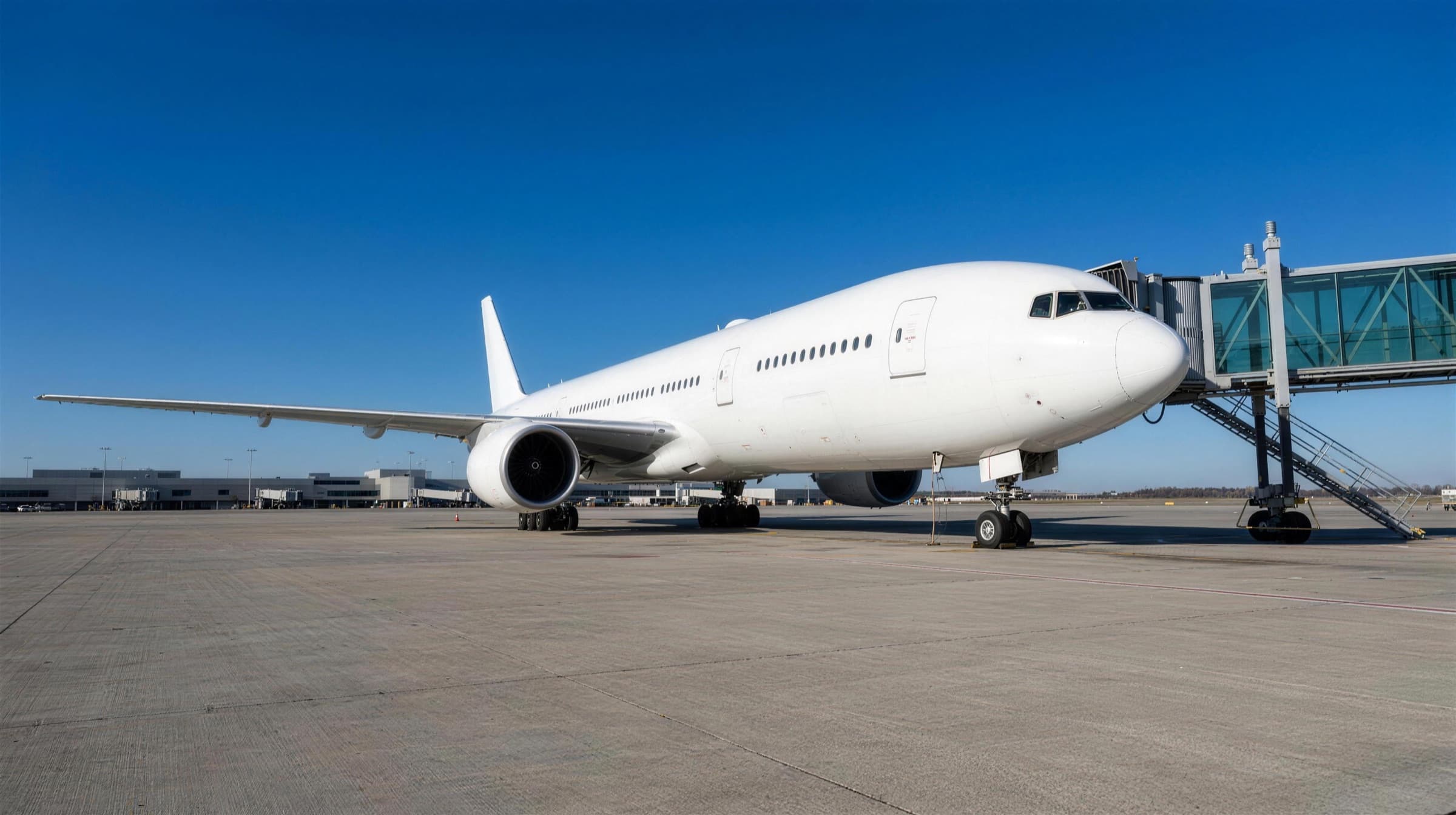 Airliner parked nose-on at a boarding gate with the jet bridge connected.