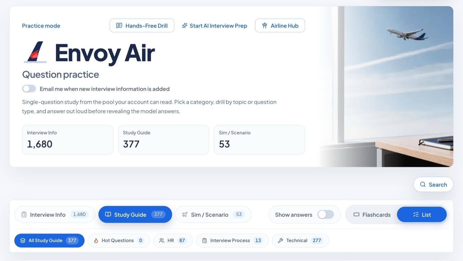 Practice mode for Envoy Air, showing the question counts for Interview Info, Study Guide, and Sim or Scenario above the category filters.